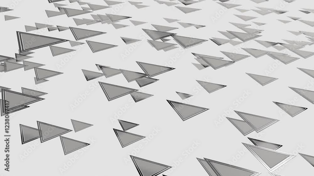 Poster silver triangles moving on gray background. 3d render looped animation