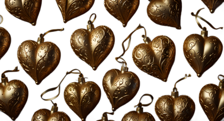 A pattern of antique heart-shaped ornaments with golden filigree, displayed against a dark, textured canvas. 