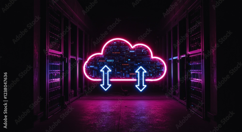 Poster neon cloud computing: data transfer in server room