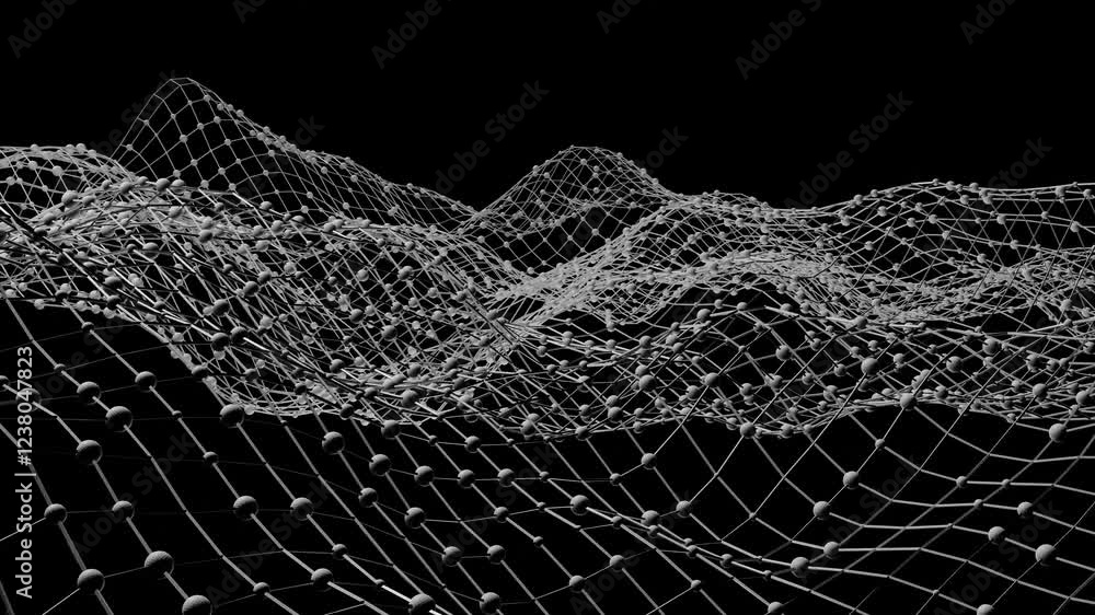 Poster moving 3d grid with white spheres on black background. 3d render looped animation