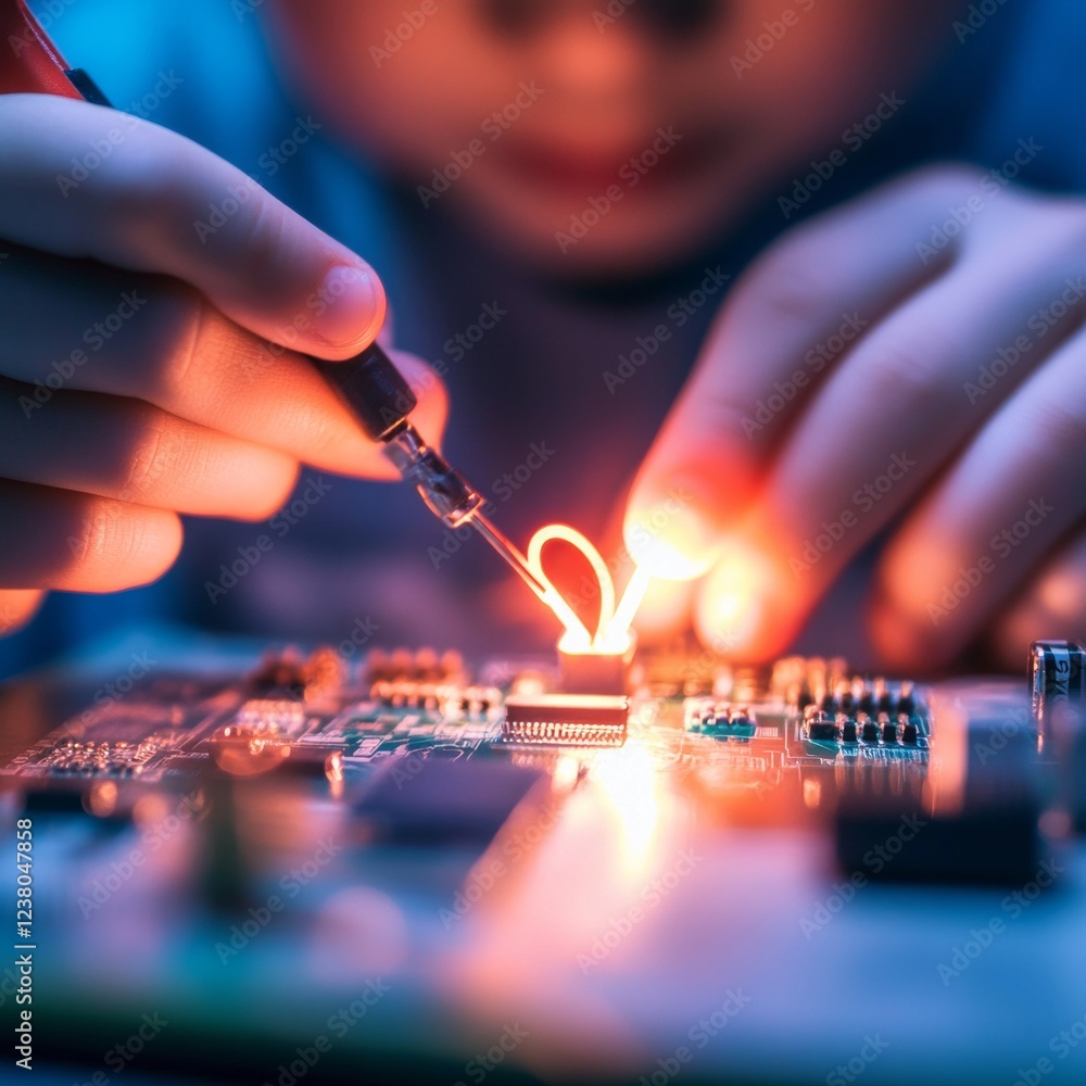 Leinwandbilder Dynamic Tech Workshop Child Soldering Circuit Board with Glowing Iron - STEM Education and Innovative Learning Kits for Future Engineers