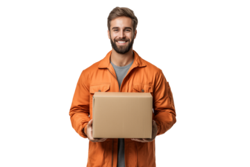 A Happy Deliveryman holding a cardboard box isolated on a transparent background, a happy express delivery professional person working courier package delivery shipping service worker  