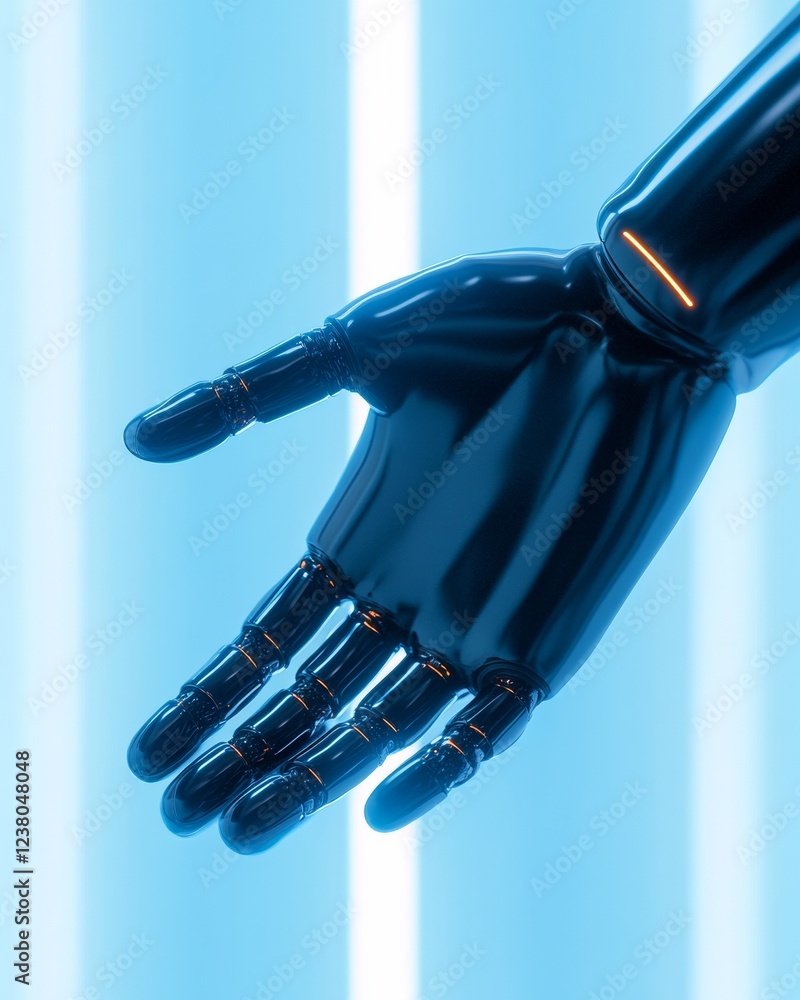 Poster Futuristic Robotics Collaboration Black Metallic Robotic Hand with Blue LED Glow for Advanced Tech Integration and Business Innovation in Modern Workspaces