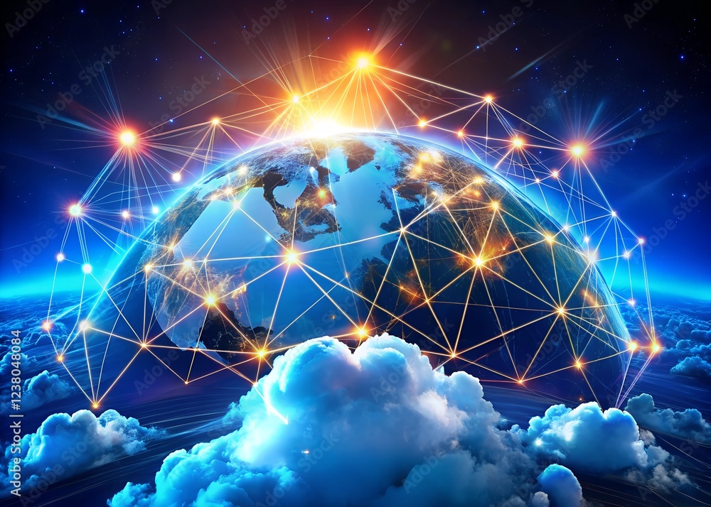 Wall mural futuristic network of cloud computing and blockchain technology - a vibrant 3d polygonal illustratio