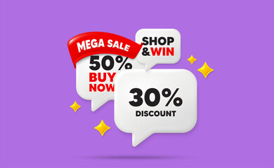 Discount speech bubbles. Mega sale flag ribbon. 30 percent discount tag. Sale offer price sign. Special offer symbol. Discount chat bubbles with 3d sparkles. Vector