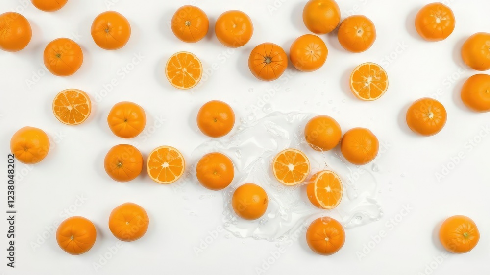 Aufkleber oranges scattered on a white background with some of them falling onto a shallow pool of water creat