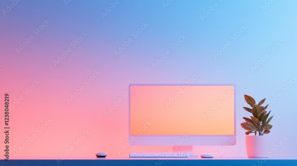 Fototapete Contemporary Workspace Aesthetics Minimalist Dual-Screen Desk Setup with Ambient Lighting - Optimized for Hybrid Work and Tech-Driven Productivity in Modern Offices