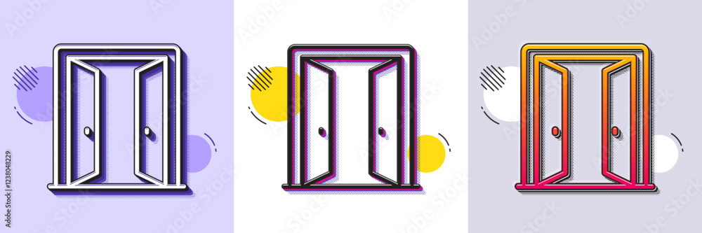 Poster open door line icon. halftone dotted pattern. gradient icon with grain shadow. entrance doorway sign