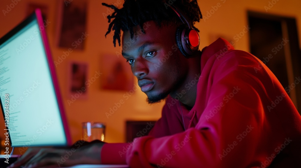 Aufkleber minimalist tech workspace vibe young man in cozy late-night setting with headphones and pc glow - ne