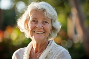 Portrait of a cheerful senior woman smiling outdoors in a natural setting