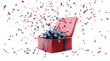 Red gift box exploding with colorful confetti on transparent background
