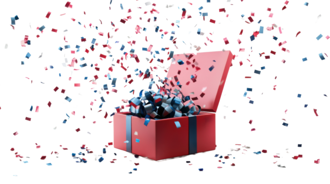 Red gift box exploding with colorful confetti on transparent background