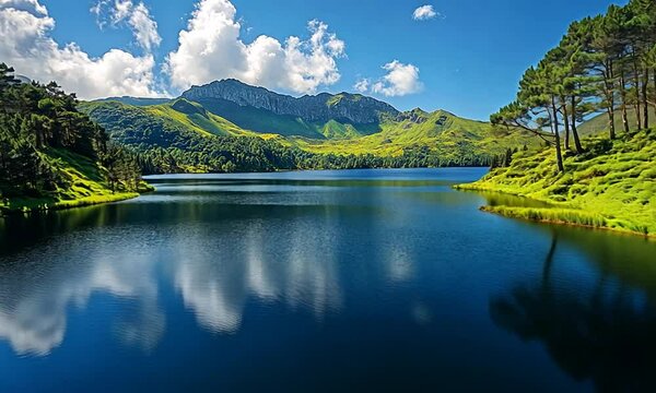 Serene lake surrounded by lush green hills and mountains under a bright blue sky