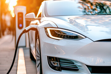 Electric car charging at a public station in the warm evening sunlight, symbolizing sustainable energy and modern transportation solutions.