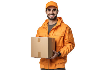 A Happy Deliveryman holding a cardboard box isolated on a transparent background, a happy express delivery professional person working courier package delivery shipping service worker  
