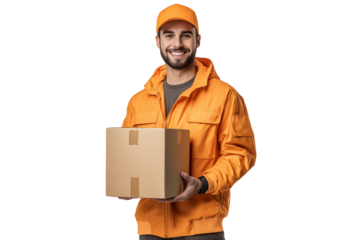 A Happy Deliveryman holding a cardboard box isolated on a transparent background, a happy express delivery professional person working courier package delivery shipping service worker  