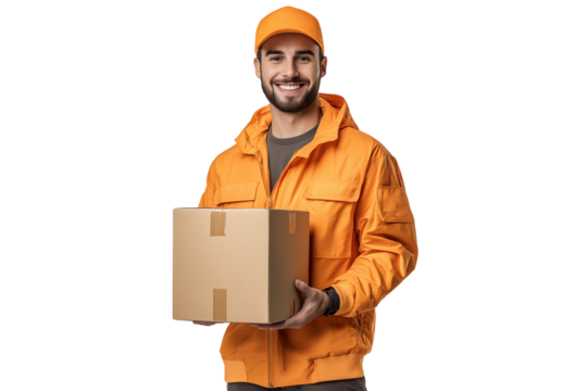 A Happy Deliveryman holding a cardboard box isolated on a transparent background, a happy express delivery professional person working courier package delivery shipping service worker  