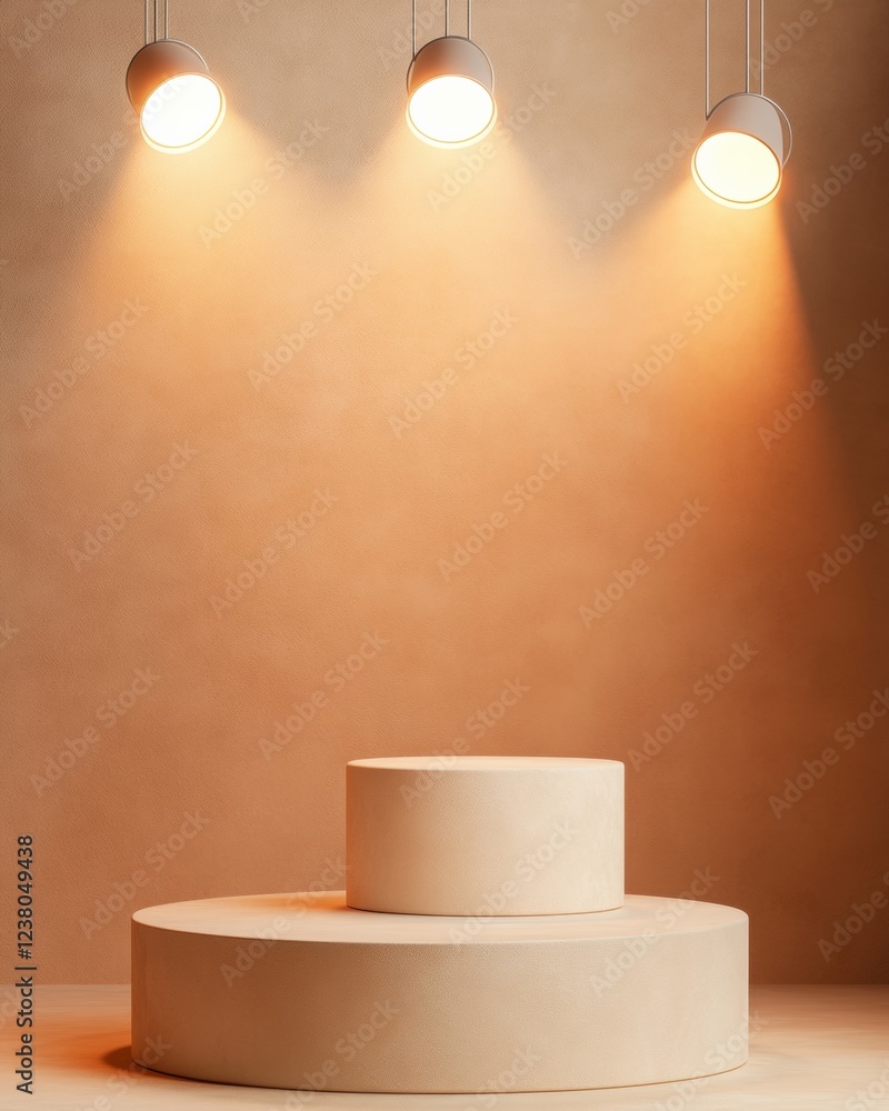 Aufkleber minimalist podium display in matte earth tones with spotlights - modern branding visual for luxury r