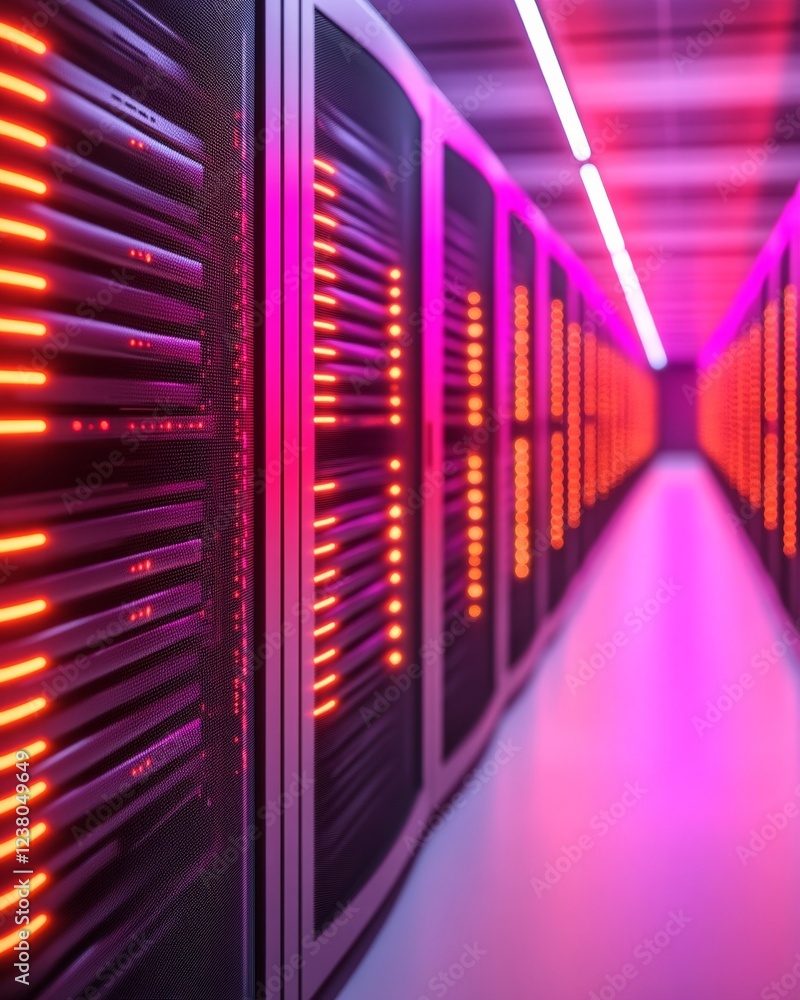 Fototapete Neon-Lit Server Room Aesthetic Advanced Network Infrastructure with Equipment Racks and Monitoring, Enhancing Cybersecurity in Modern Data Centers for Optimal Performance