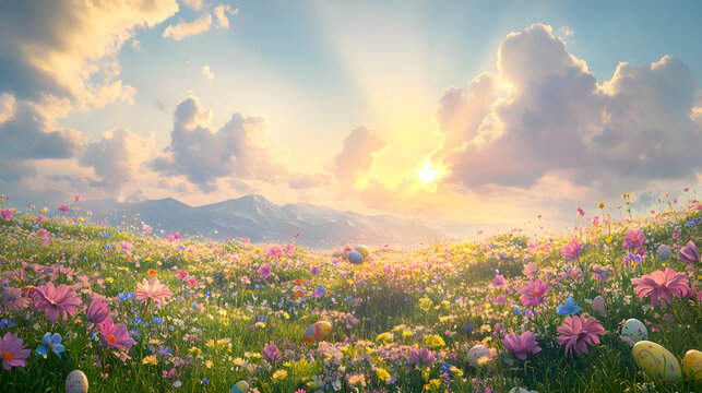 A vibrant meadow alive with an array of spring wildflowers and sunbeams filtering through soft clouds, highlighting hidden Easter eggs scattered across the inviting landscape