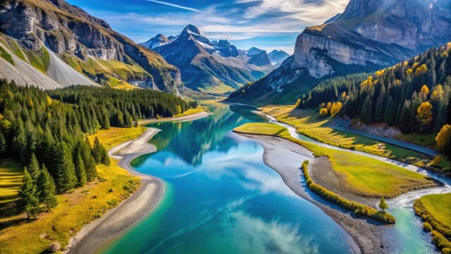 Swiss Alps' Daubensee Delta: minimalist drone view, capturing the river's serene flow in a tranquil, aerial landscape.