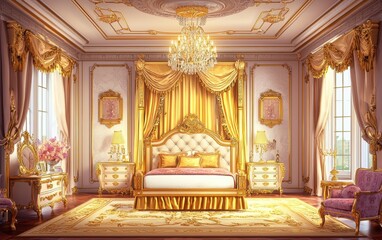 Golden Royal Bedroom with high-end furniture, grand chandeliers, and a regal, elegant touch