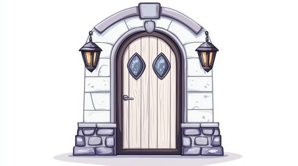Sleek Futuristic Carved Wooden Door with Lanterns and Stone Surroundings