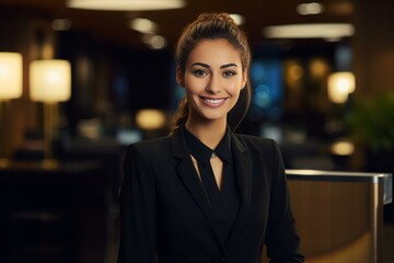 Fototapeta premium Hotel receptionist smiling while working at reception desk in lobby