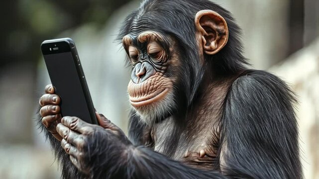 Monkey is holding a cell phone and looking at the screen. Concept of curiosity and playfulness, as the monkey seems to be exploring the device