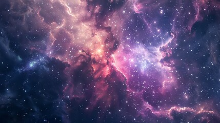 Fototapeta premium Ethereal cosmic landscape: mesmerizing galaxy backdrop with vibrant nebulae, sparkling stars, and interstellar dust swirling in a beautiful deep space horizon.