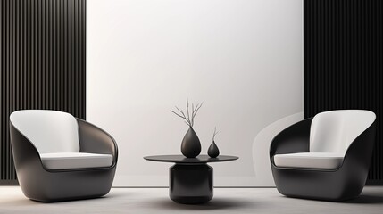 Minimalist black and white modern interior with round coffee table and sleek armchairs in a serene setting.