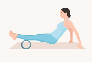 Vector illustration of young woman in blue sportswear doing self-massage with foam roll. Exercise for reducing muscle soreness.