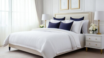 Elegant and modern bedroom interior with stylish decor, bright sunlight, and comfortable bedding, relaxing atmosphere