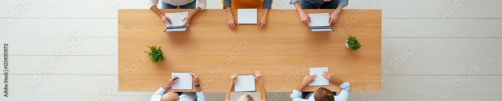 Poster scandinavian minimalist conference diverse team collaborating with laptops and notebooks on natural 