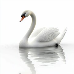 Graceful swan gliding on a calm lake with its long neck curved, placed on a bright white background