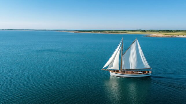 A classic sailboat sailing on the deep blue sea, seen from above. The boat is wooden with white sails and has an elegant form. A clear sky overhead adds to its timeless charm. 