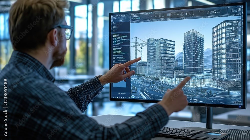 Poster architect viewing digital model of urban buildings on computer screen with detailed architectural pl