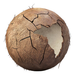 Naklejka premium Cracked Coconut on Transparent Background, detailed depiction of a single coconut showcasing its textured shell and natural imperfections