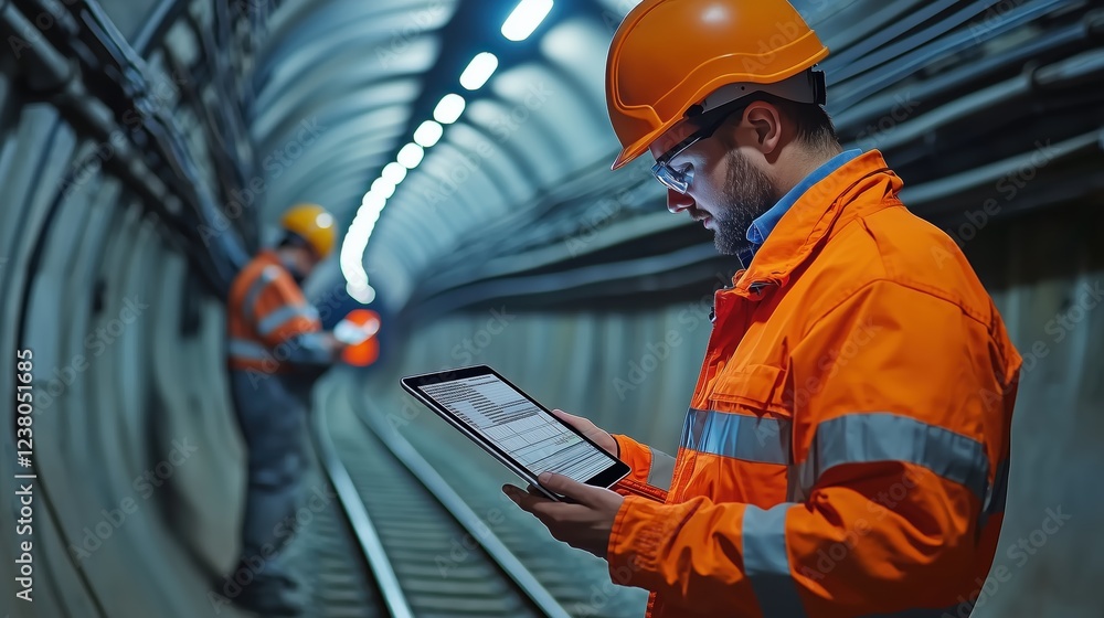 Poster construction workers in safety gear inspecting tunnel using tablet with railway tracks in background