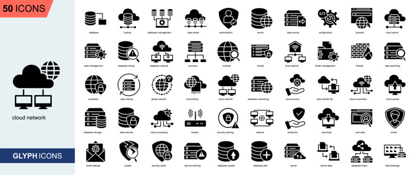 Cloud Network icon collection Glyph Style. database, hosting, database management, data center, data source, configuration, cloud server