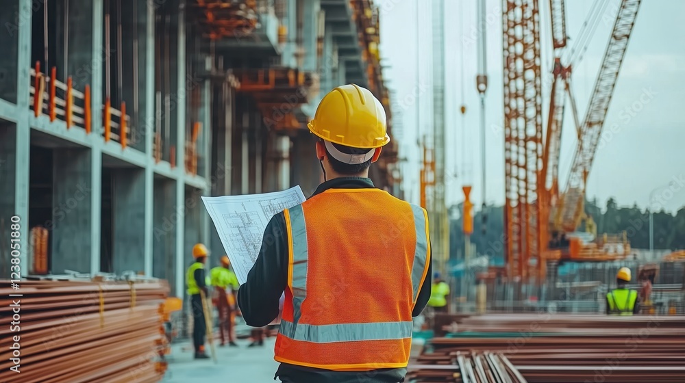 Poster construction worker with blueprint observing project progress on site surrounded by heavy machinery 