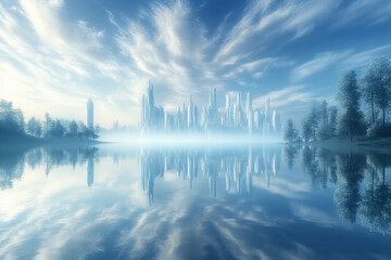 City skyline reflects in calm lake surrounded by trees during sunset with vibrant clouds and soft glow