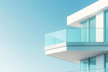 Fototapeta premium Modern architecture: minimalist white building with glass balconies against blue sky