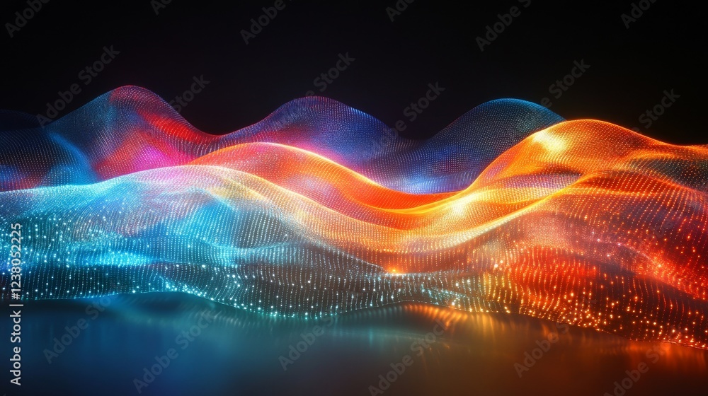 Poster abstract light painting with neon trails and swirls creating a dynamic design, captured with long ex