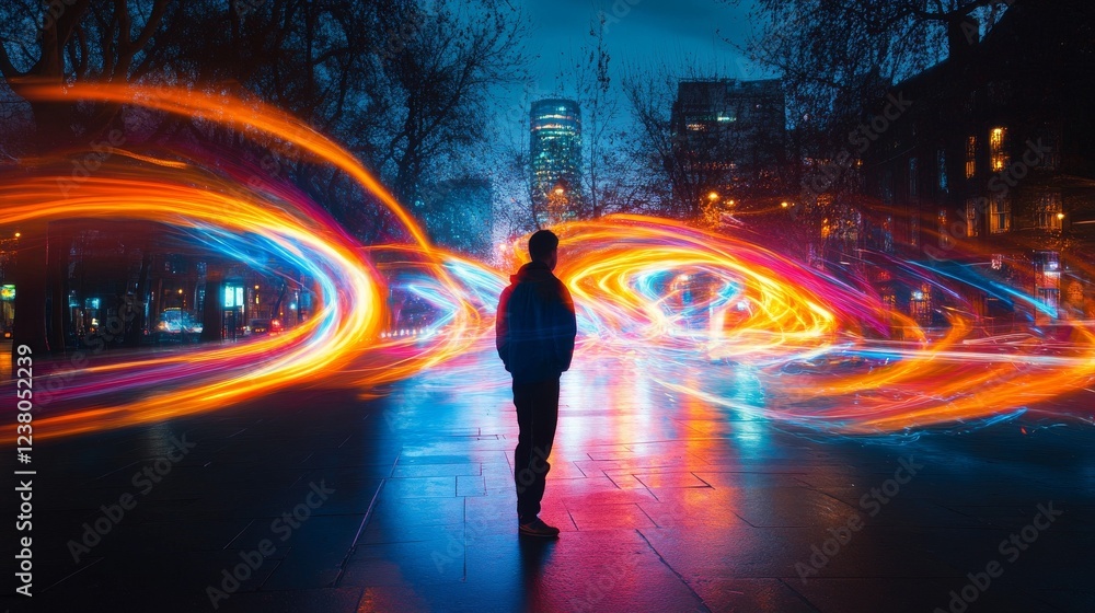 Poster abstract light painting with neon trails and swirls creating a dynamic design, captured with long ex