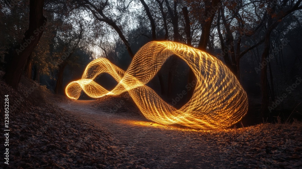 Poster abstract light painting with neon trails and swirls creating a dynamic design, captured with long ex