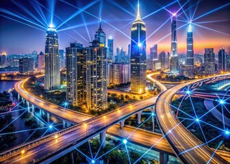 Fototapeta premium Urban exploration reveals a glowing metropolis, its technology and architecture illuminated at night.