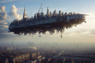 Obraz premium Floating industrial city above a modern skyline during golden hour