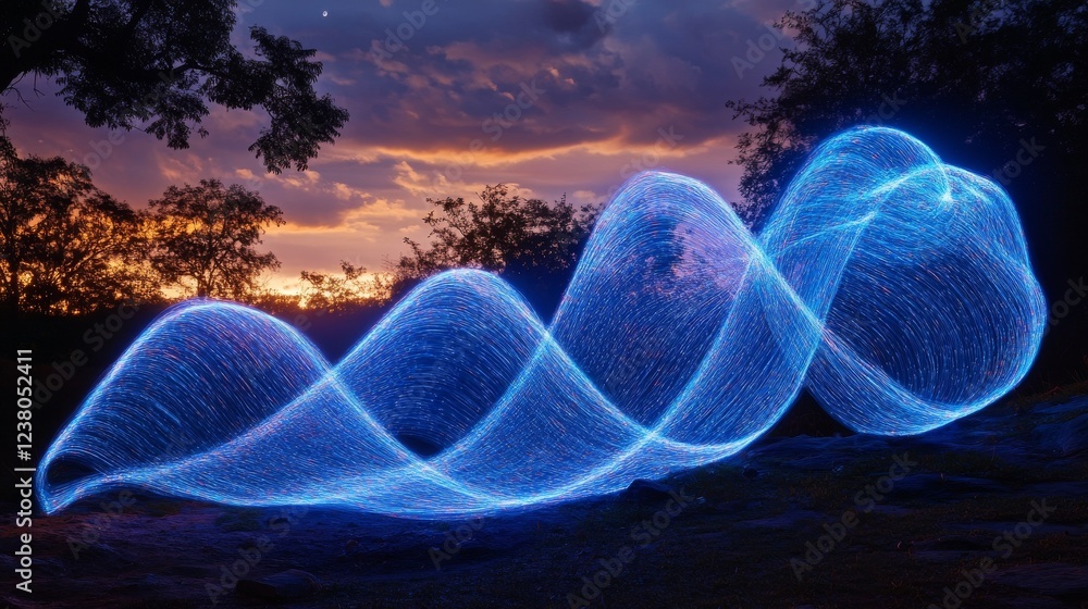 Poster abstract light painting with neon trails and swirls creating a dynamic design, captured with long ex