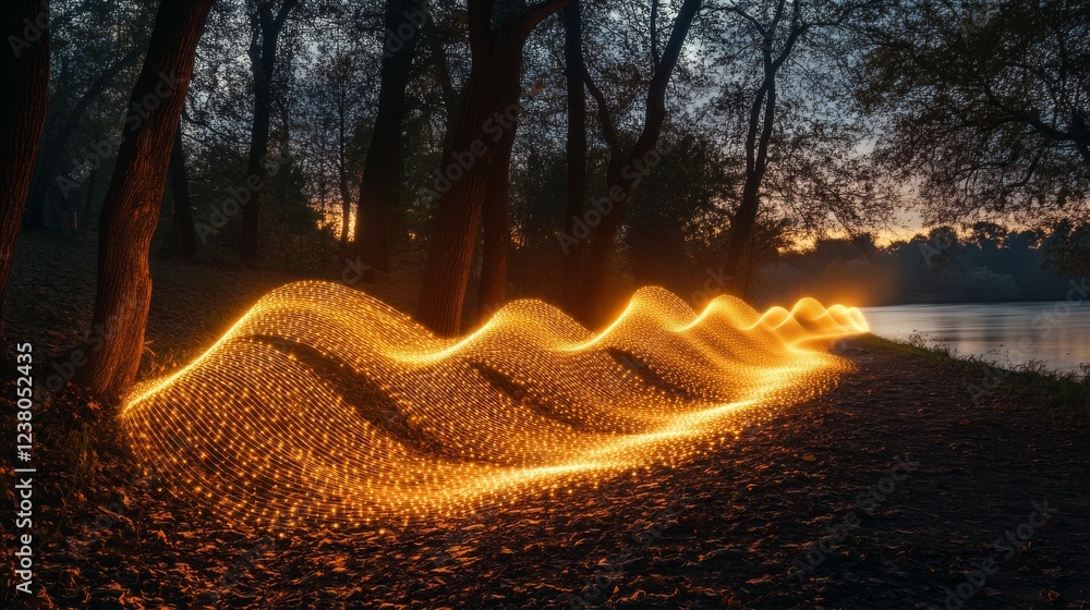 Poster abstract light painting with neon trails and swirls creating a dynamic design, captured with long ex